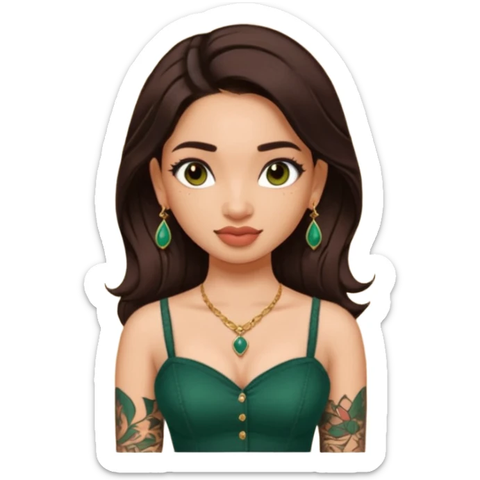 pretty bratz genmoji that looks like tamannah bhatia (bollywood actress), wearing a dark green sweetheart neckline top, dark brown hair, light makeup, no necklace, dangly earrings, side hair part, dark brown eyes, with full tattoos and neck tattoo sticker