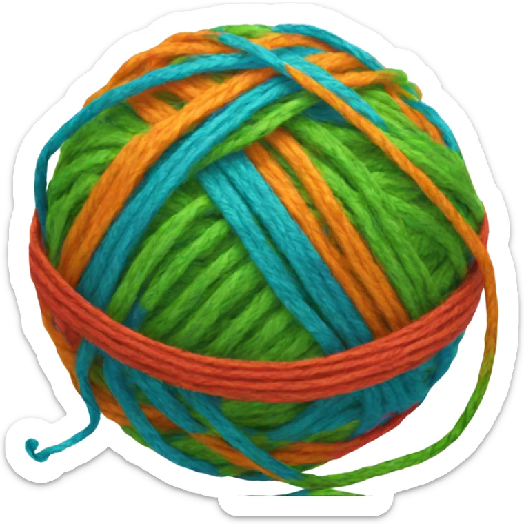 A ball of yarn with the thread colors green, orange, blue and red sticker