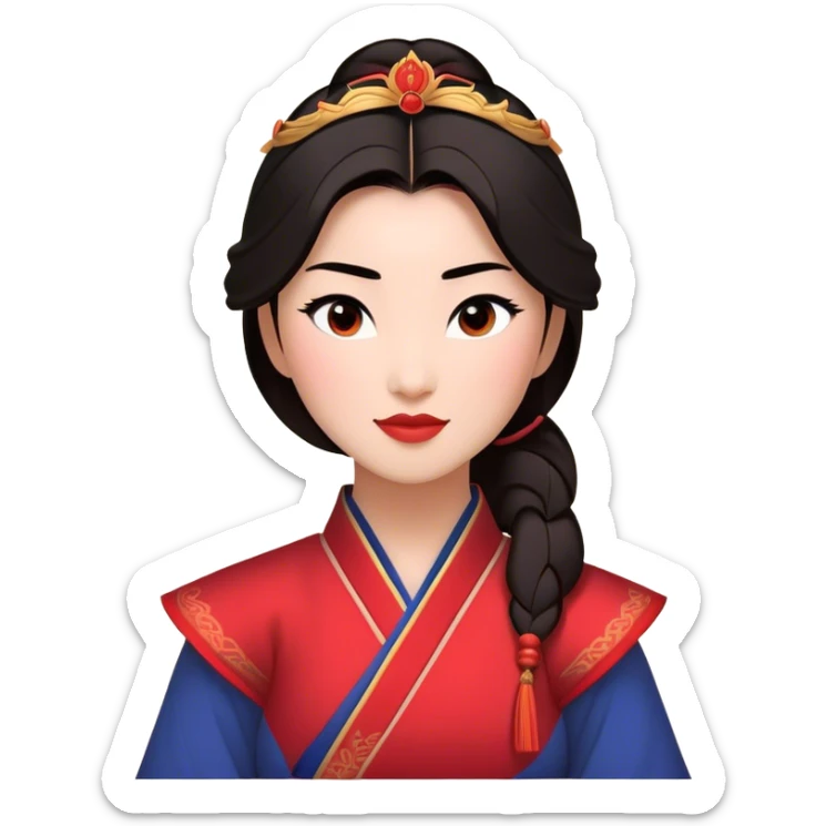 Cinematic Radiant Mulan Portrait Emoji, rendered in a realistic, vector-style with clean proportions. Show Mulan with a soft, confident smile, warm skin, and expressive eyes, her dark hair styled simply, and dressed in traditional clothing with understated red accents. The image radiates a gentle, luminous glow and high shine, accentuated by a soft glowing outline. sticker