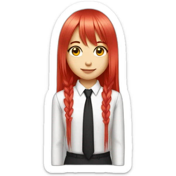 (gril) makima with long straight red or pink hair fringe, yellow eyes with a circle inside and a white shirt with long sleeve and black tie sticker