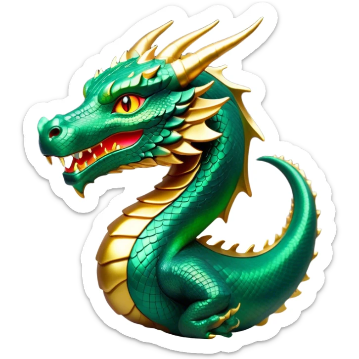 Cinematic Noble Dragon Portrait Emoji, Poised and majestic, with a sinuous, elongated build and shimmering, scale-covered skin in hues of emerald and gold, piercing, fiery eyes, Simplified yet sharp and sophisticated features, highly detailed, glowing with a mystical, radiant glow, high shine, intelligent and formidable, stylized with an air of ancient power, focused and attentive, soft glowing outline, capturing the essence of a watchful and legendary dragon that feels as though it could soar out of the screen with effortless authority! sticker