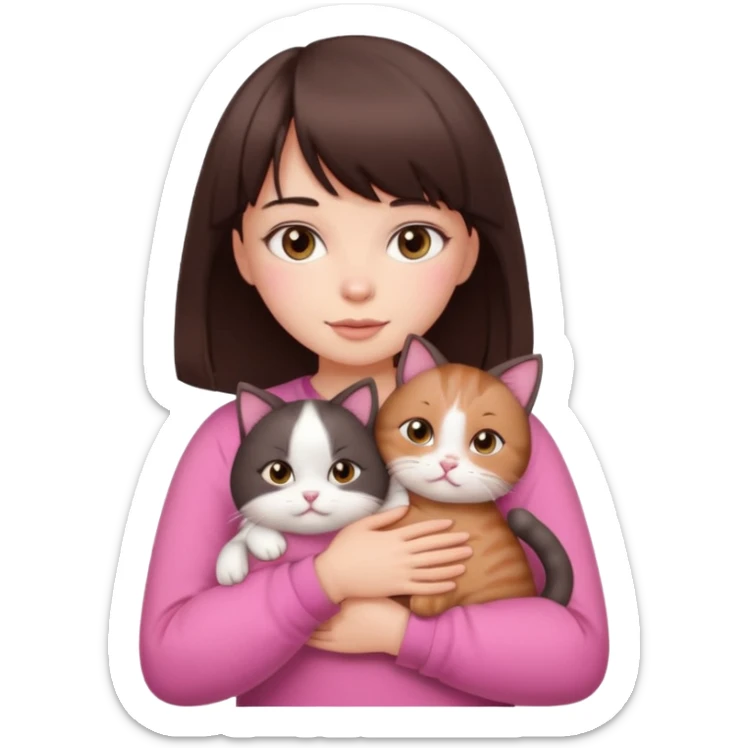 a cute white girl with bangs and straight dark brown hair, brown eye, light makeup wear a pink clothes hugs a cute chubby cat sticker
