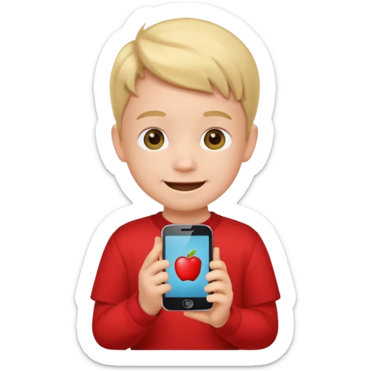 happy little kid with a phone, apple style emoji, wearing a red shirt, concise style typical of apple emojis sticker