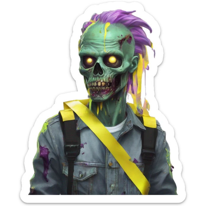 .Zombie_ with prosthetic vaporwave black holographic oilslick zombie unicorn yellow caution tape sticker