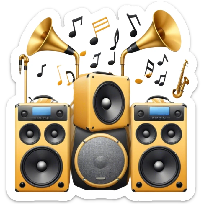 Icon for R&B Music Listening: large concert speakers and headphones with waves of musical notes coming out, along with drums, bass guitar and saxophone. The icon should convey the energetic and rhythmic vibe of R&B music. Transparent background sticker