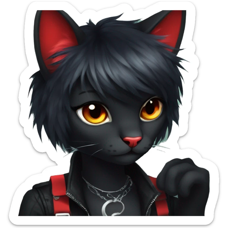 Anthro Edgy Cool Beautiful Black Cat-Fursona with Emo Hair-bangs with Red Streaks sticker