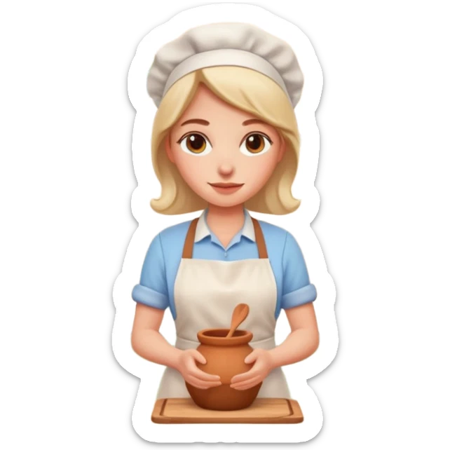 cartoon Apple iOS emoji style woman, pastel colors, Chilean wooden kitchen background, clay pots, warm light, detailed and clean vector art sticker