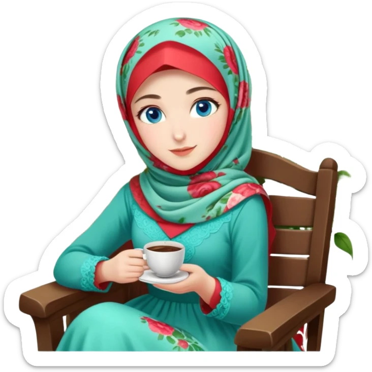 Turkish beautiful finish Konya girls blue eyes with Beautiful light red green floral hijab long tail dress and in a lovely garden sits on the chair on the ground and holds cup coffe with her hand  sticker