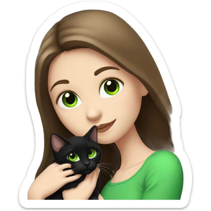 pale brunette girl with long brown hair with bright green eyes holding black cat sticker