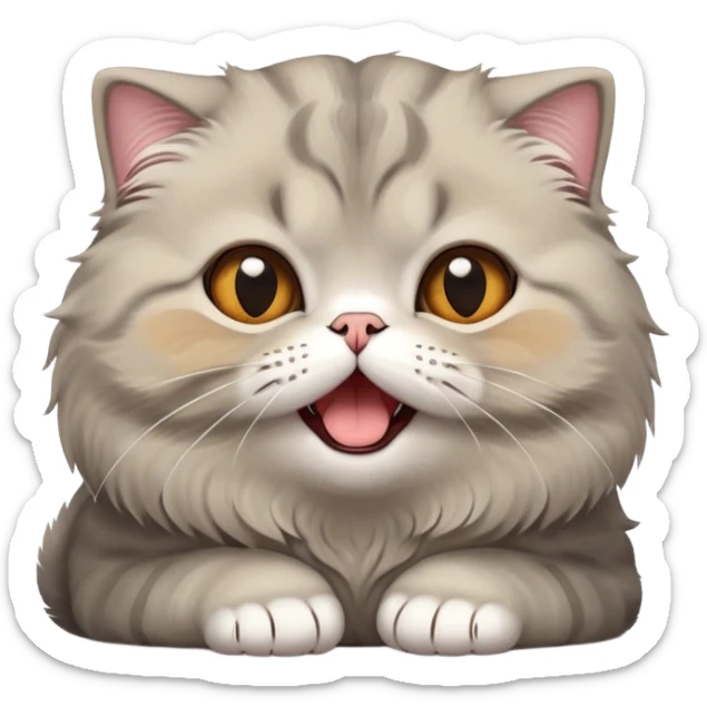 Cinematic-Adorable-Scottish-Fold-Cat-Portrait-Emoji – Big-eyed, fluffy Scottish Fold cat with a playful head tilt and a cute yawn, plush solid-grey fur, signature small folded ears enhancing its round face, simplified yet irresistibly cute features, expressive amber eyes filled with quiet curiosity, highly detailed with a gentle glow. sticker