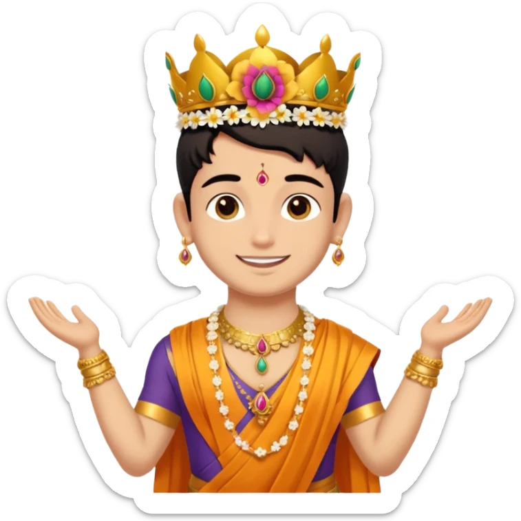 Brahmin boy is thanking to the bharatanatyam dancer. She is in lordess padmavati with golden crown and giant flower garland on her neck. The girl is fat and tall the boy is small. sticker