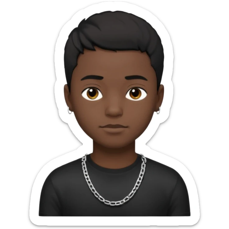 Generate a emoji of a black boy with dark skin, wearing a black compressed T-shirt, with short 4C black hair and make him wearing a silver chain, and make the chain thin sticker