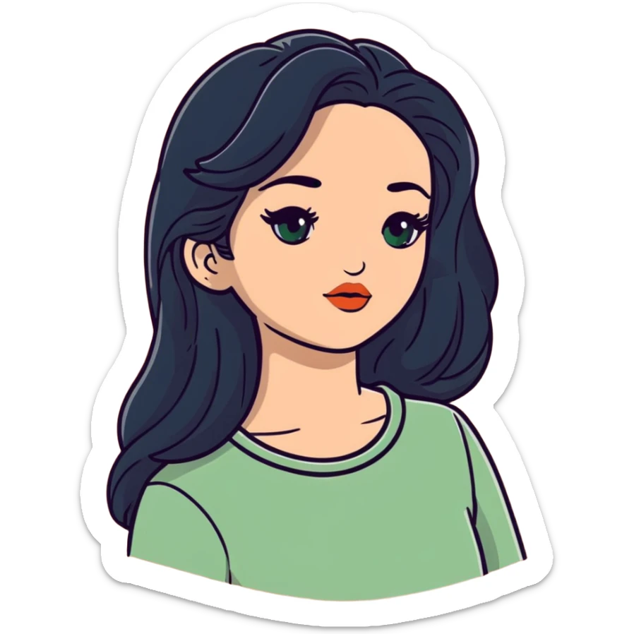 european girl with long black hair, long eyelashes, terracotta lips, light green top sticker
