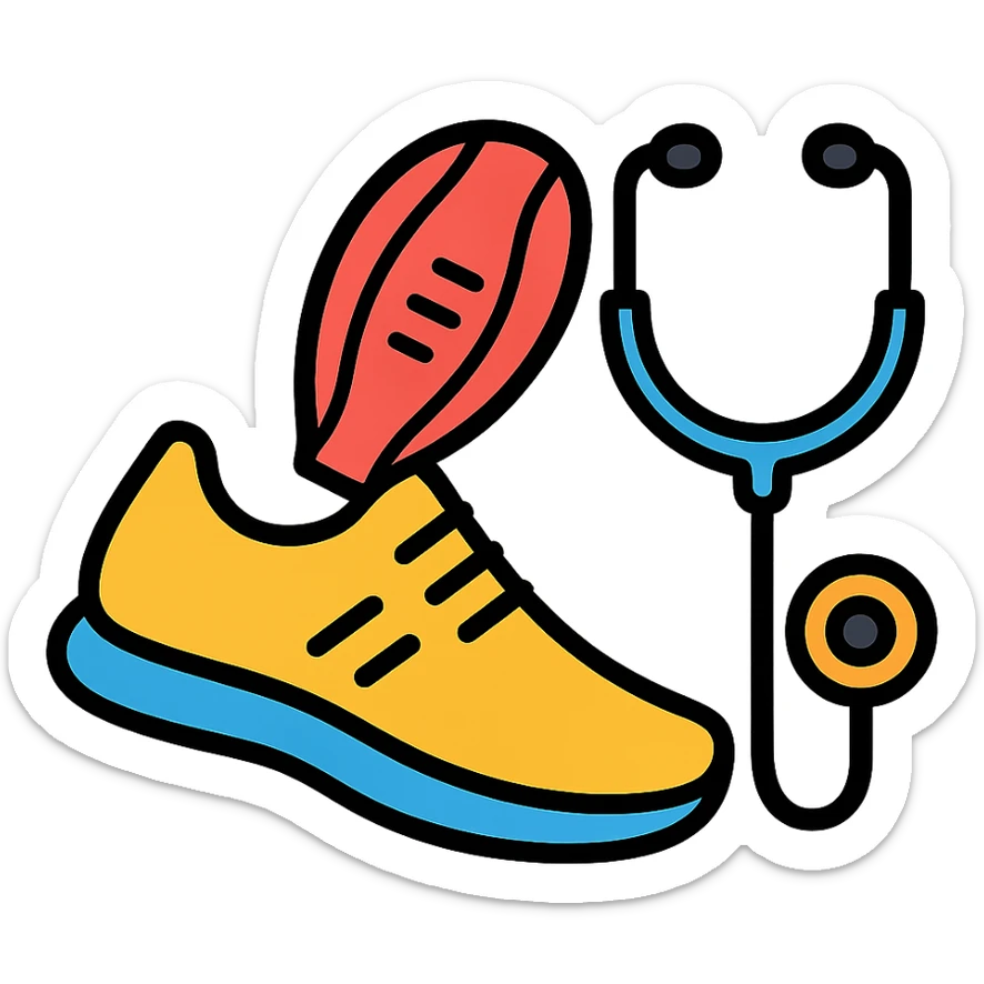 running shoe with muscle fibers and a stethoscope, fitness and healthcare, modern icon style sticker