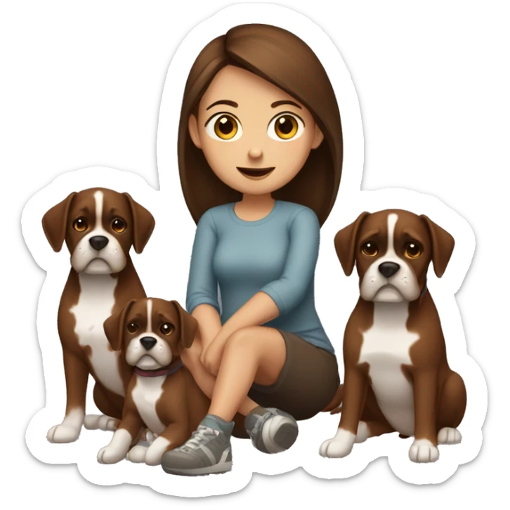 a brown hair girl sitting with two dark brown boxer dogs sticker