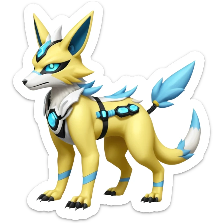 Shiny cyan yellow white electric complex futuristic white-cyber-masked Zeraora-Renamon-Electrike-Umbreon-Lombax-Weregarurumon-fusion-creature (full body sticker