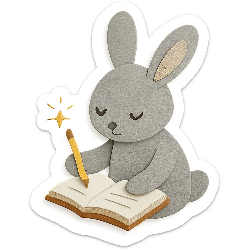 highly detailed, high quality paper craft style illustration of a gray bunny writing in a notebook with a spark of light, intricate textures, soft lighting, delicate cut-paper details sticker