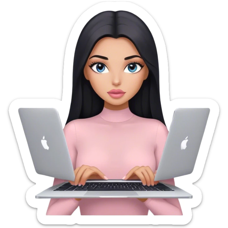 Glamours, tanned, very beautiful girl, with big pump peach-beige-rose lips, long lashes, black straight smooth silky long hair, straight parting hair, blue-grey eyes, in light-pink bodysuit holding MacBook sticker