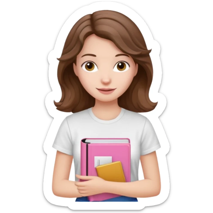 pale woman with wavy brown hair, white t-shirt, holding a pink Bible, friendly expression sticker