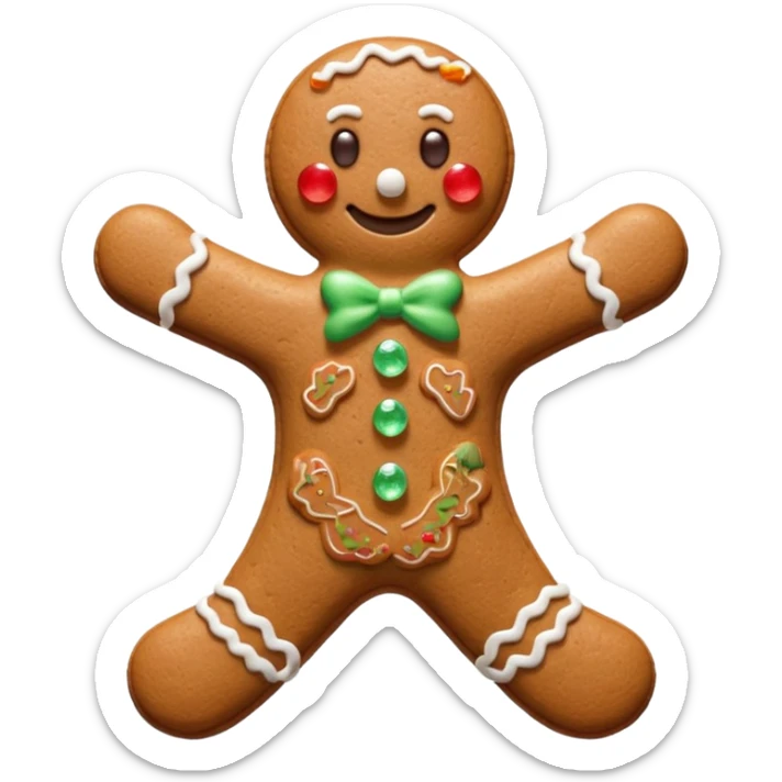 3D render of Gingerbread Man, made entirely of dessert materials, glistening sugar crystal texture, baked brown cookie texture with white icing details, delicious confectionery aesthetic, Apple emoji style, isolated on white background --v 6.0. sticker
