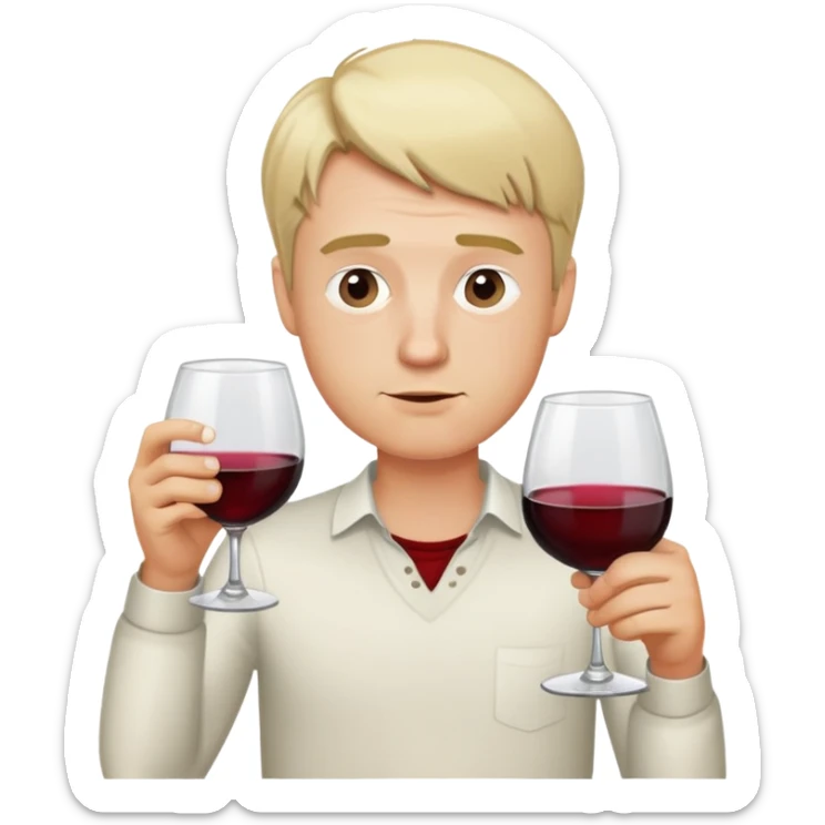 A blonde man with short hair drinking a glass of wine and looking very drunk sticker