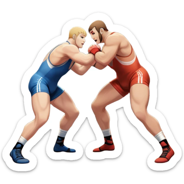 An icon featuring two wrestlers engaged in a fierce bout of freestyle wrestling. One wrestler is performing a lift, while the other tries to counter with a defensive move. The background showcases a wrestling mat with bright spotlights and a dynamic atmosphere. Transparent background sticker