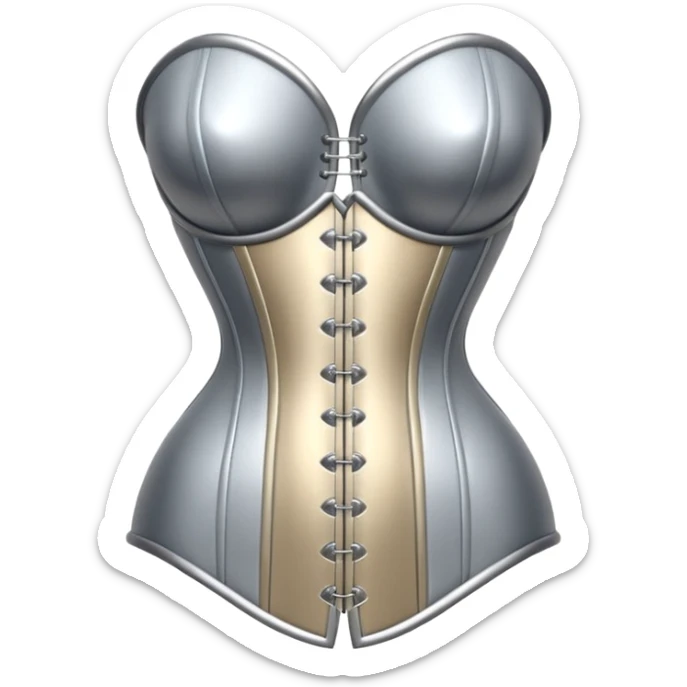 A luxury corset emoji made of silver chrome, smooth metallic curves, minimal fashion silhouette, glossy reflections, sensual high-end aesthetic, iOS emoji style, centered, clean white background sticker