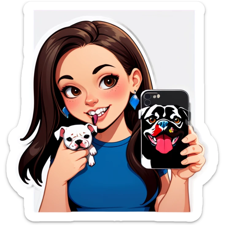 Slightly overweight beautiful girl with choppy long dark hair with her nose piercing and her black iPhone with her her pet pit bull girl with an underbite layed next to her sticker