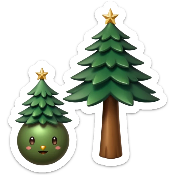 Un emoji représentant un petit sapin stylisé, sans bouche, avec deux grands yeux de biche brillants couleur cannelle. Style minimaliste, mignon et expressif, comme un sticker ou un emoji moderne. Fond parfaitement transparent, haute qualité, bien centré. sticker