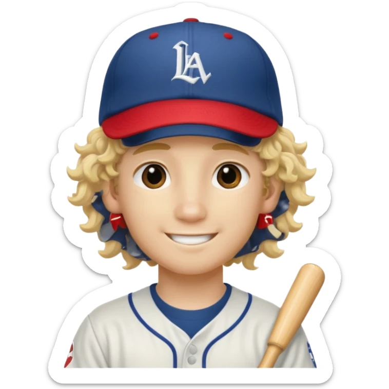 blonde boy with long curly hair past his hears and a LA baseball hat in japanese, smiling sticker