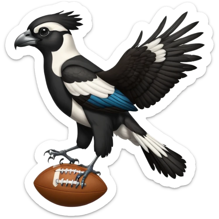 A magpie standing on top of a hawk that's tiered and the magpies holding a afl ball sticker