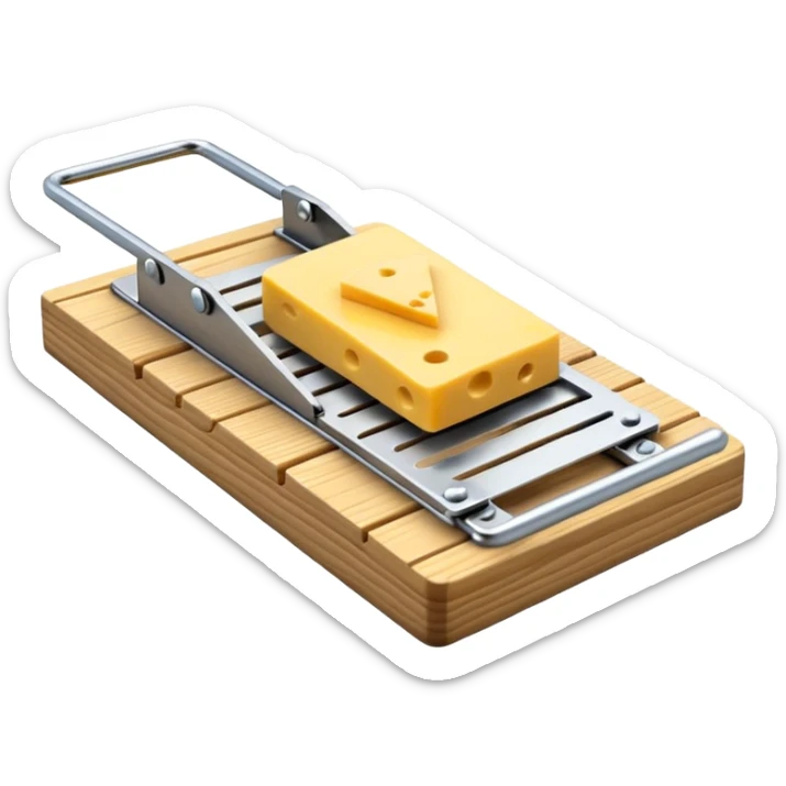 A 3D emoji in iOS emoji aesthetic style of a classic mousetrap with a wooden base and a metal spring mechanism, holding a small piece of yellow cheese, clean and detailed design, white background, glossy Apple-style rendering sticker