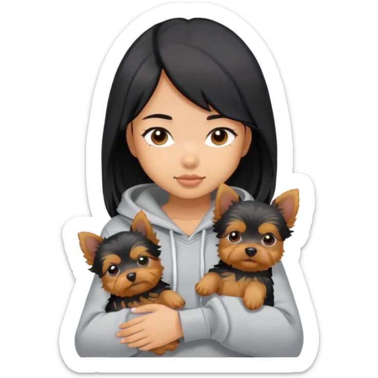 a black-haired asian girl in a gey hoodie with a yorkie puppy sticker