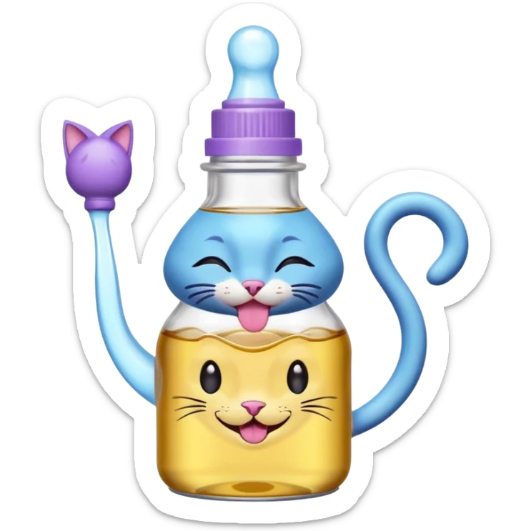 Smiling bottle of oil light purple top and light blue sticking tongue out and with cat ears sticker