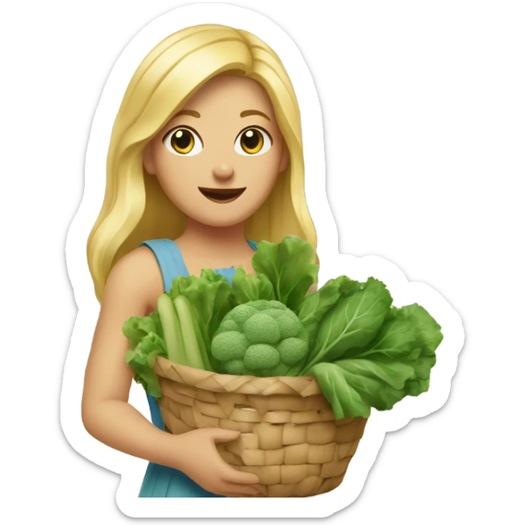 Girl with blonde hair and blue eyes wearing a sleeveless sundress and carrying two baskets of vegetables and greens sticker