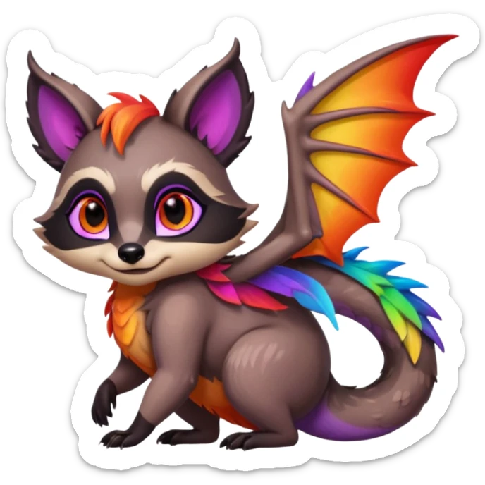 black female raccoon dragon hybrid with rainbow colored wings and purple eyes hugging red female raccoon dragon hybrid with rainbow colored wings and orange eyes sticker