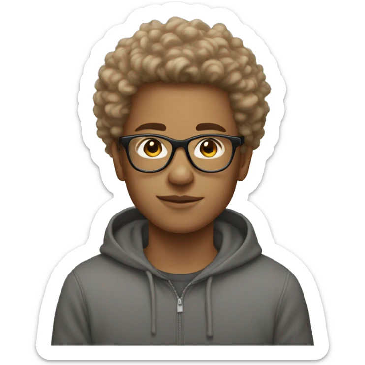 White Teen with light brown fluffy hair on top with glasses wearing a school sweatshirt sticker