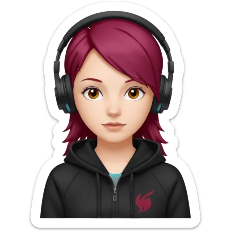 white girl with burgundy hair, black deportive hoodie and black headphones sticker