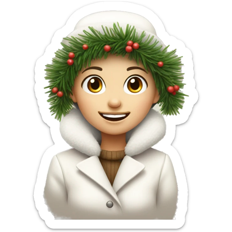 A smiling girl in winter in a white fur coat and a hat without fur with a paper bag in which the branches were spruce sticker