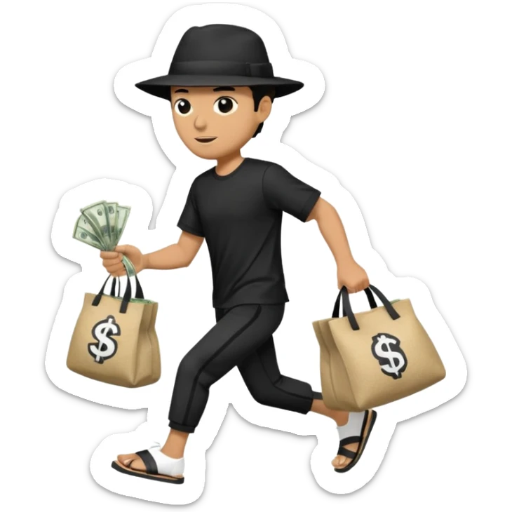 Make a man wear a black pant and he shirt is balck line and white line and wear a black hat and he holding a money bag and he running he wear a black eye thing no money in the Left hand and he yellow and the money bag in the right he wear a flip flop like this is Money bag 💰 NO MONEY sticker
