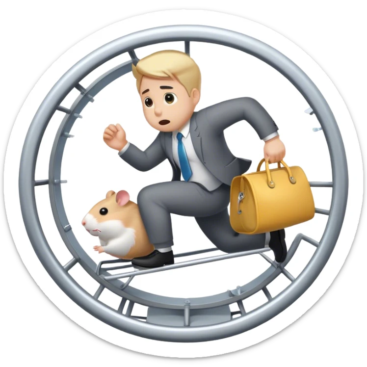 Create an emoji of a tired, overworked entrepreneur running on a hamster wheel, chasing a floating dollar sign or a bag of money. The character has dark circles under their eyes, looks exhausted, and appears stuck in an endless cycle. The hamster wheel represents constant struggle, while the money is always just out of reach. The style should be clean and easily recognizable as an emoji

 sticker