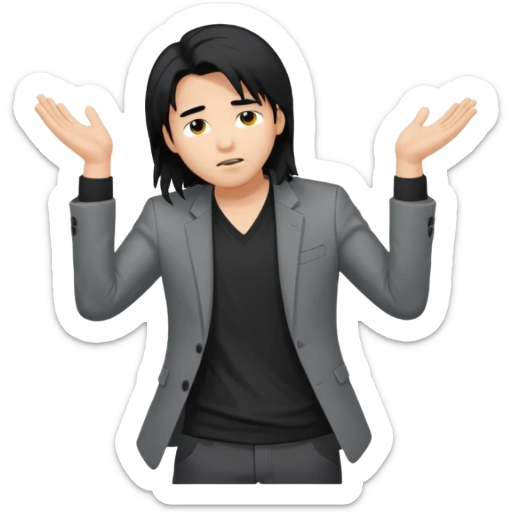 asian young man with long black hair falling on the forehead in grey blazer and black t-shirt  sticker
