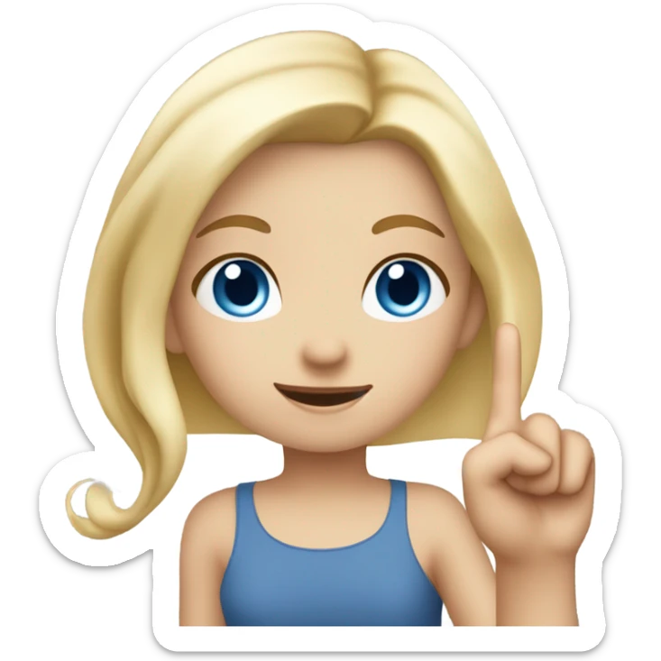 Girl with blonde hair and blue eyes is holding up  finger ￼ sticker