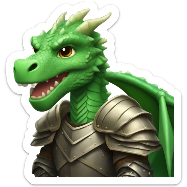 Confident armored White Man with dark brown hair and a short beard riding on the back of a giant green dragon sticker