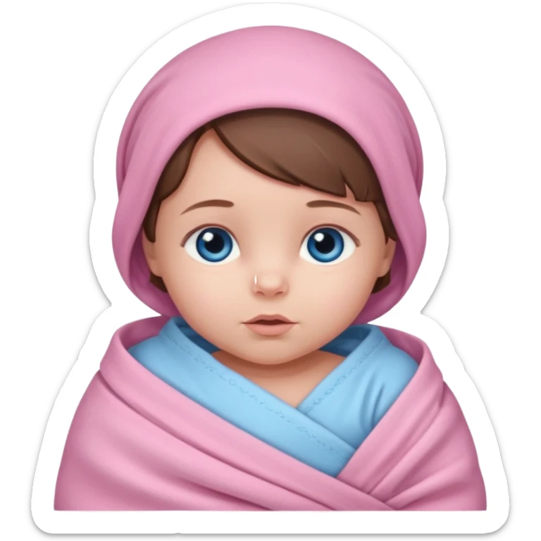 Newborn babygirl swaddled in pink, she has blue eyes and brown hair sticker