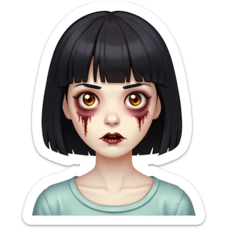 Faça uma mulher zumbi, de cabelo preto curto com franja e olhos grandes castanhos sticker