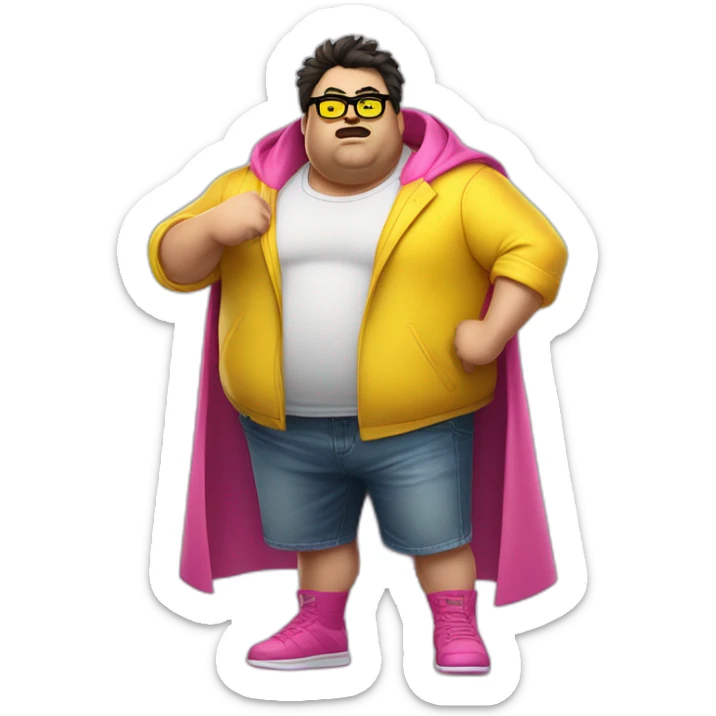 fat man with dark hair,a vibrant long yellow coat, pink glasses, short jeans shorts. Show full lenght peson, person fighting as superhero sticker