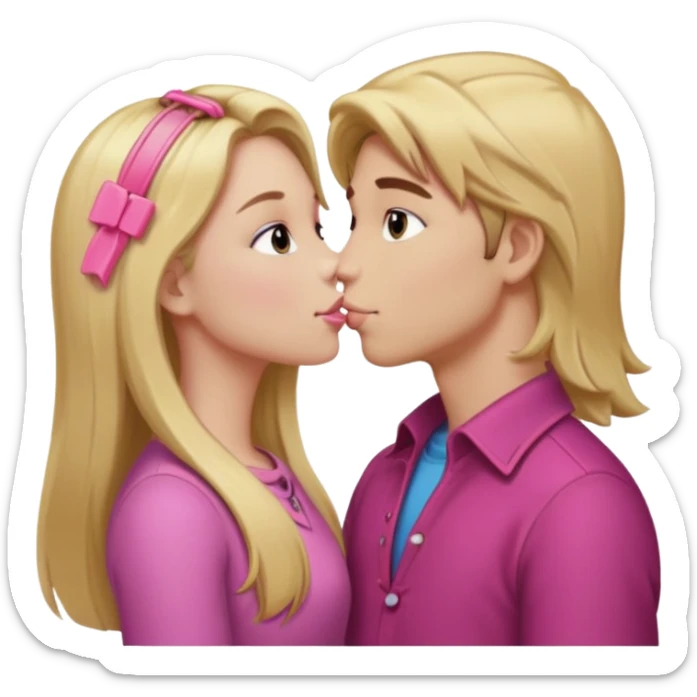 “Girl with long blonde hair and pink clip” kissing “boy with brown hair”  sticker
