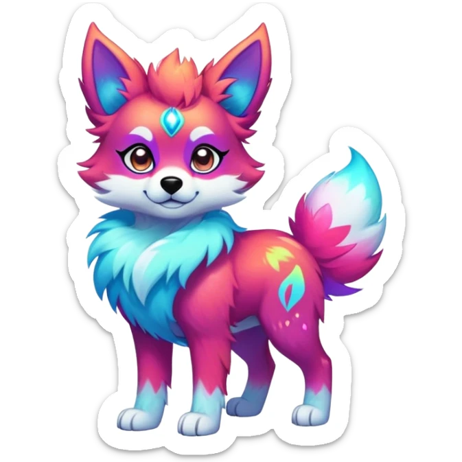 Vibrant multicolored neon-colored Falvie-Fionbri-creature-sparkle-dog-fursona, full body sticker