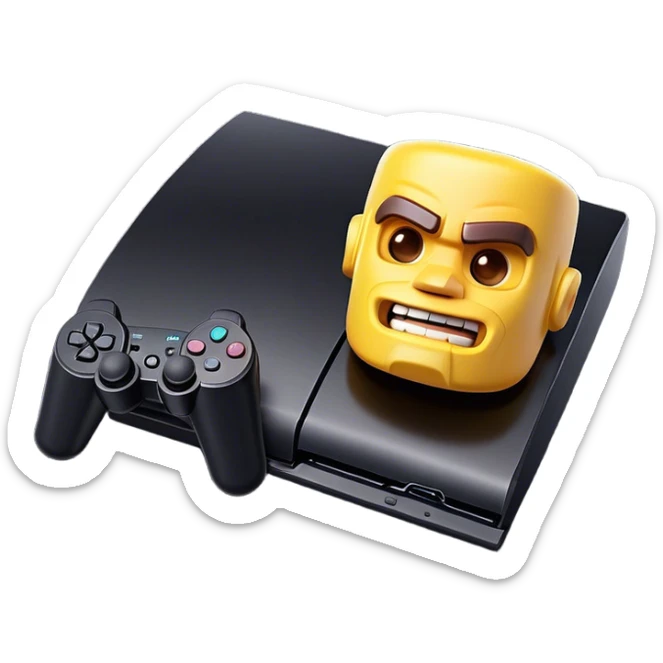 Clash of Clans aesthetic: Cinematic Playful PlayStation 3 Console Portrait Emoji, rendered in a 3D vector-style similar to standard emojis with minimal shading and bold, simplified shapes. A compact, distinct form with signature details, softly glowing with a cutting-edge console technology charm. Simplified yet unmistakably iconic, highly detailed and consistent, glowing with a soft radiance and high shine. Stylized with a touch of technological advancement and a soft glowing outline, capturing the essence of a beloved gaming relic with a friendly, playful manner! sticker